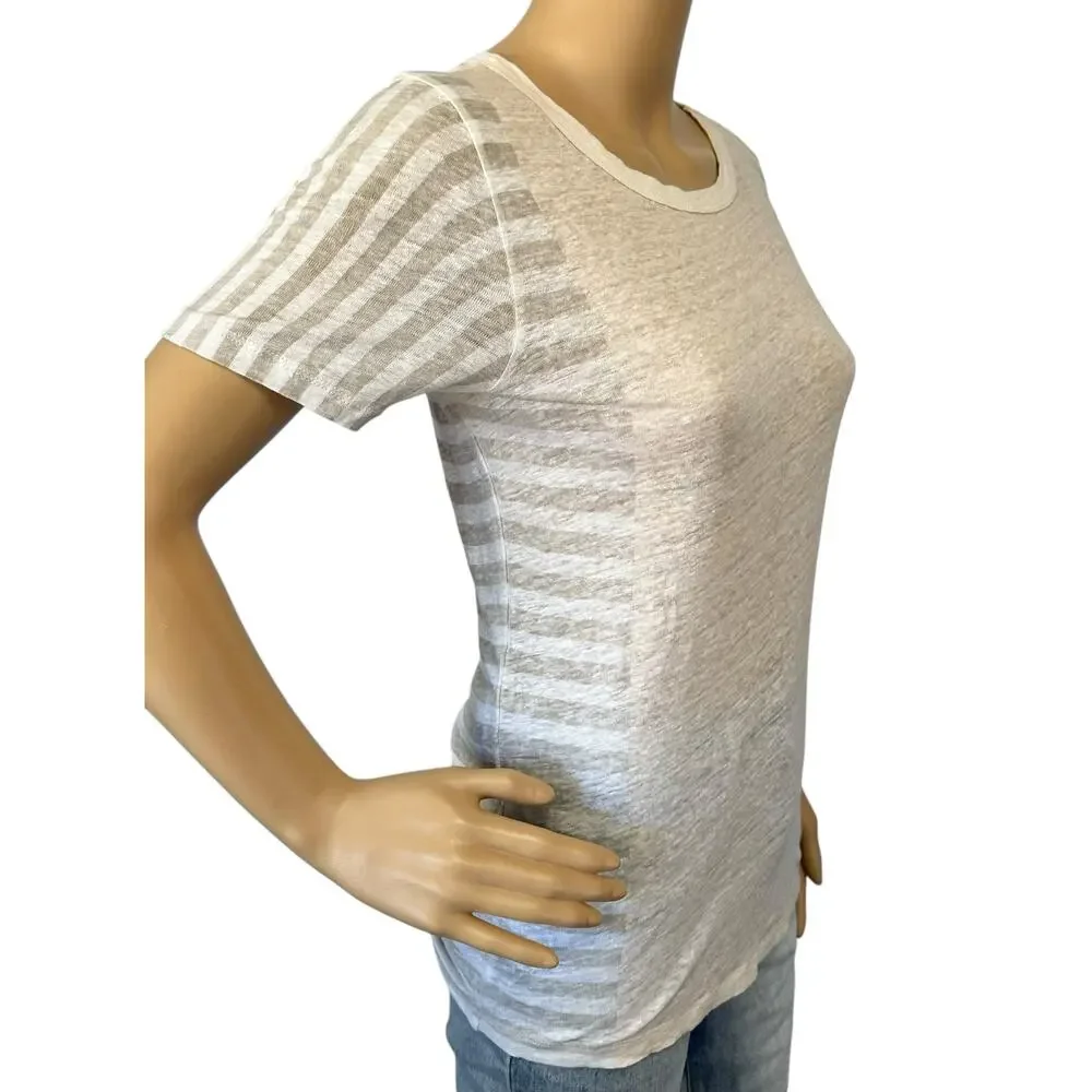 J. Crew Pure Linen Paneled T-Shirt Striped Beige White A0551 Size S